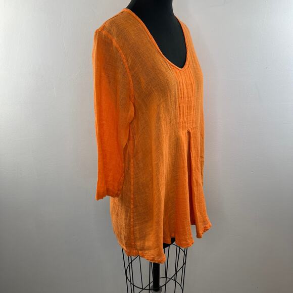 FLAX Orange Tunic Top Linen Scoop Neck Inverted Pleat 3/4 Sleeve Size S Small - Picture 4 of 10